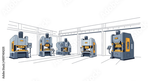 A collection of industrial stamping presses arranged in a factory setting, showcasing different models and sizes.