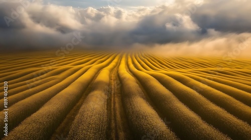 Blooming fields of yellow rapeseed stretching endlessly under fluffy white clouds 