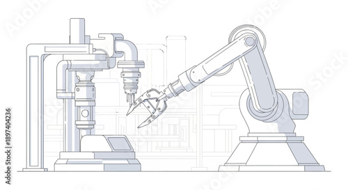 A detailed line drawing of an industrial robotic arm interacting with a complex pipe system, suggesting automation and manufacturing processes.