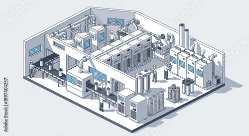 Isometric view of a modern automated manufacturing facility with conveyor belts and machinery, illustrating industrial production processes.