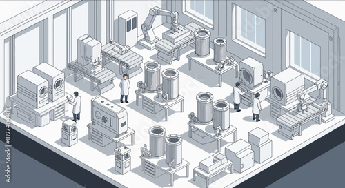 Isometric view of a modern laboratory with scientists and advanced equipment, showcasing a clean and organized research environment.
