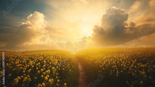 Blooming fields of yellow rapeseed stretching endlessly under fluffy white clouds 