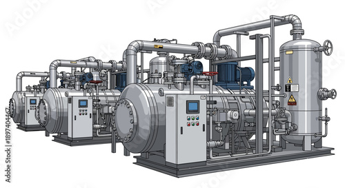 Industrial refrigeration system with multiple screw compressors and piping, showcasing advanced engineering and complex machinery.