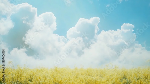 Blooming fields of yellow rapeseed stretching endlessly under fluffy white clouds 