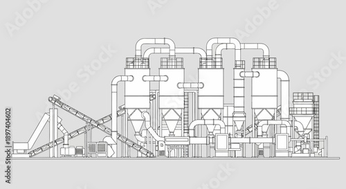 Blueprint illustration of a large industrial facility with multiple interconnected processing units and conveyor systems.
