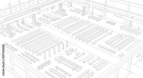 An overhead sketch of a factory floor filled with neatly arranged metal beams and industrial equipment.