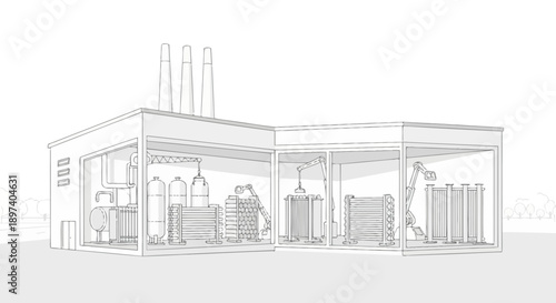 Cross-section illustration of an industrial facility showcasing various machinery and processing units within its structure.