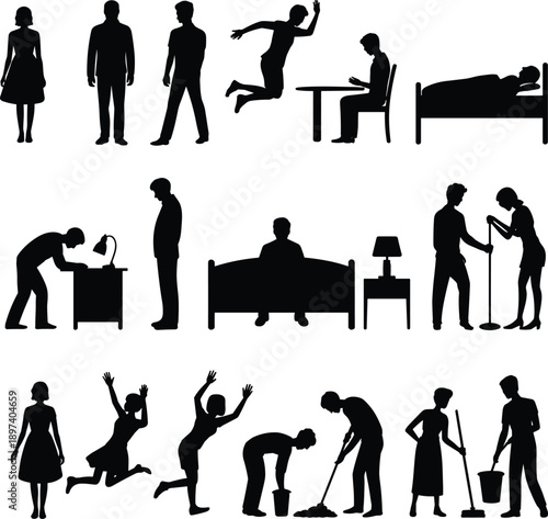 Human daily life silhouettes set showing people working resting cleaning learning and family activities in various everyday situations