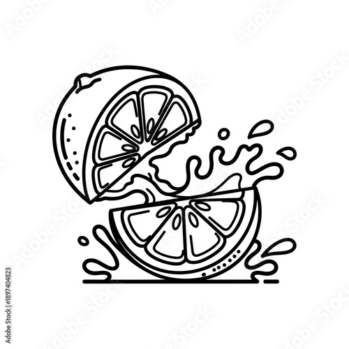 A black line drawing of a lemon cut in half with juice splashing.