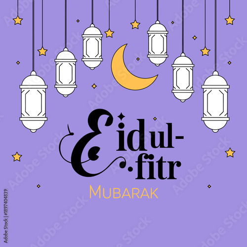 eid ul fitr mubarak celebration with hanging lanterns and crescent moon