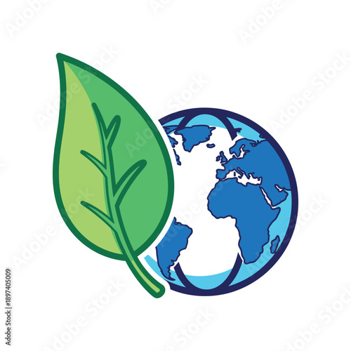The green leaf is placed next to the Earth on a white background in a graphic illustration.