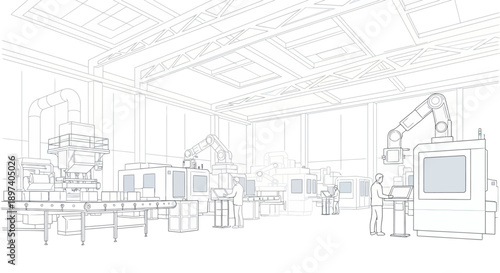 An industrial factory interior with robotic arms and machinery, showcasing automated manufacturing processes.