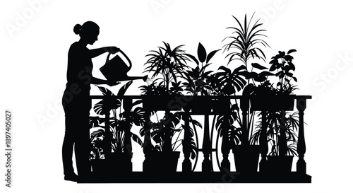 Silhouette of a woman carefully watering many lush potted plants sitting on a balcony railing