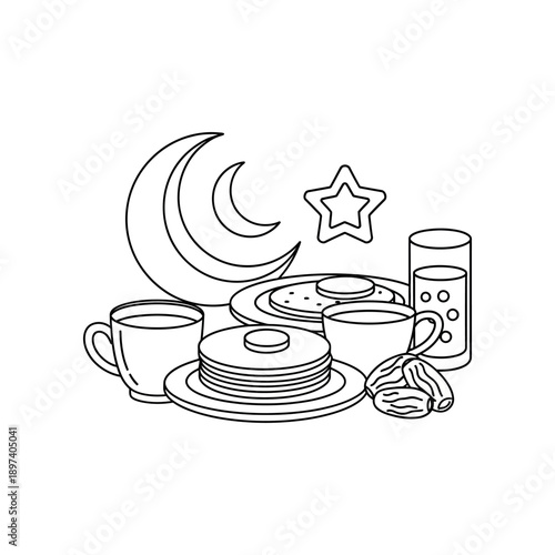 Illustration of a still life with plates, cups, glasses, and a moon and star.