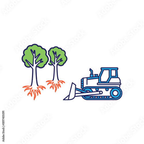 Bulldozer clears land with trees uprooted nearby outdoors