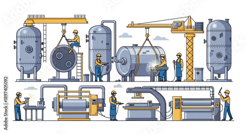 Industrial factory scene with workers assembling large metal tanks and machinery using cranes and welding equipment.