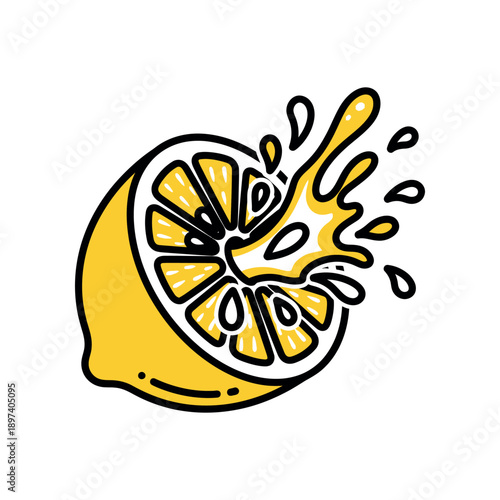 Vibrant lemon slice illustration with juice splash on white background