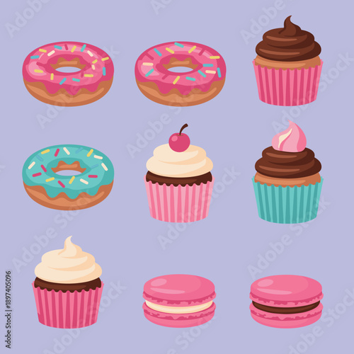 Delicious Sweet Dessert Set with Pink Glazed Donuts Chocolate Cupcakes and Strawberry Macarons in Cute Cartoon Flat Vector Illustration Style