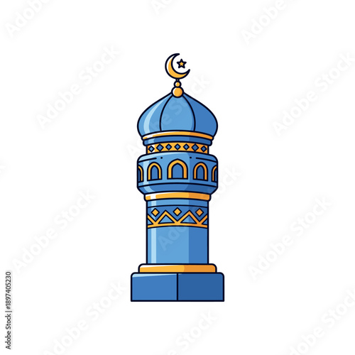 An illustrated blue minaret with gold details and a crescent moon on top stands alone.