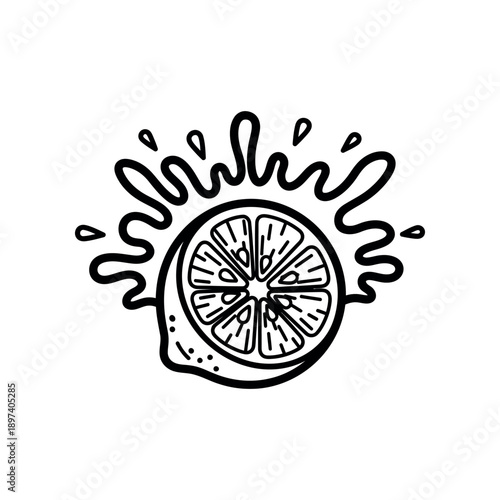 Illustration of a halved lemon with juice splashing around it