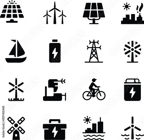Renewable energy icons silhouette set featuring solar wind battery hydro and sustainable power generation symbols for green technology design