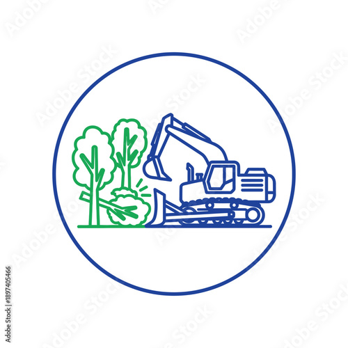 Excavator actively cutting down trees in forest with its blade outdoors.