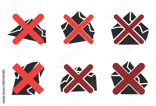 Forbidden waste icons showing disposal limitations and recycling instructions, clean vector symbols for environmental awareness.