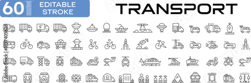 Transport icons editable stroke set featuring vehicles logistics public transit and travel symbols for ui ux apps web and infographic design
