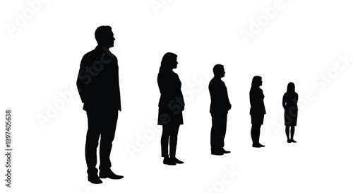 Silhouettes of diverse business people standing in a row demonstrating hierarchy or size comparison