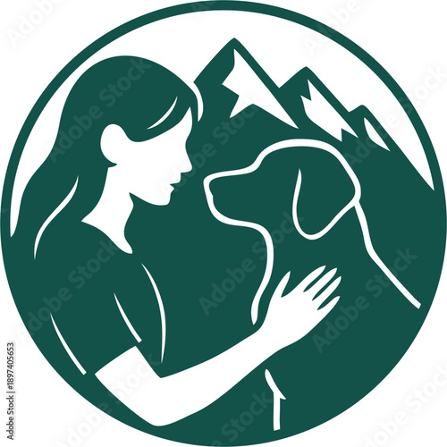 illustration of a woman with her dog outdoors, green