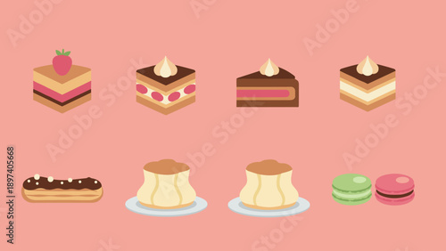 Delicious dessert icons set featuring strawberry cake chocolate pastry eclairs pudding and colorful macarons flat vector food illustration