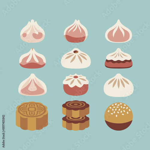 Traditional Chinese Dim Sum and Mooncake Collection Set, Flat Vector Illustration of Baozi, Dumplings and Pastries on Light Blue Background