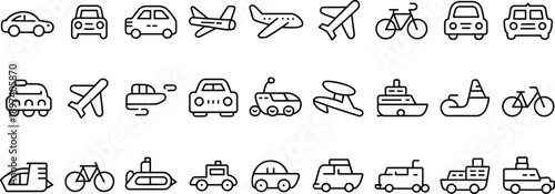 Transportation icons outline set featuring cars airplanes bicycles boats trucks and public transit symbols for ui ux web and infographic design