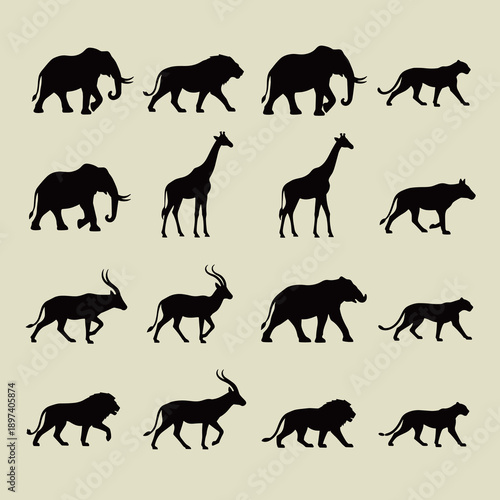 African Wildlife Animal Silhouette Collection, Vector Set of Elephants, Giraffes, Lions, Antelopes and Cheetahs Walking on Cream Background