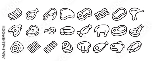 Meat and Seafood Doodle Icons Set, Black Line Art Protein Collection, vector illustration eps 10