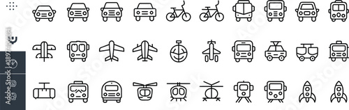 Transportation icons outline set featuring cars bicycles buses airplanes helicopters trains and spacecraft symbols for ui ux web and infographic design