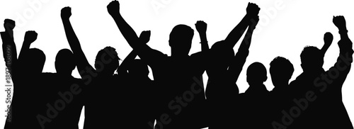 Black silhouettes of people standing together with raised arms and clenched fists, symbolizing unity, solidarity, protest, celebration, empowerment, teamwork, social movement illustration design