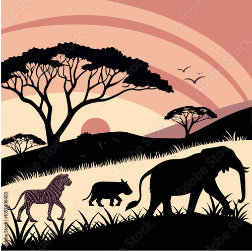 A vibrant orange sunset landscape silhouettes wild animals like elephants and deer roaming the safari grass near a desert tree in this nature vector illustration