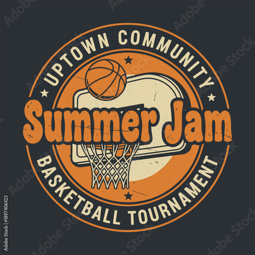 Uptown Community Summer Jam Basketball Tournament circular badge logo design vector illustration.
