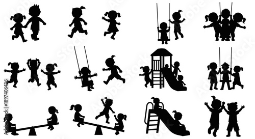 A collection of joyful black silhouettes depicting various children engaging in lively playground activities, celebrating the pure essence of childhood fun and friendship outdoors