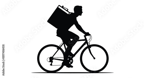 Silhouette of a courier delivering food while riding a bicycle with a large backpack