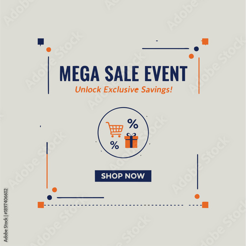 Vector illustration of MEGA SALE EVENT promotional graphic with shopping cart, gift box, and “SHOP NOW” button — ideal for ecommerce campaigns, seasonal offers, and online discount marketing.
