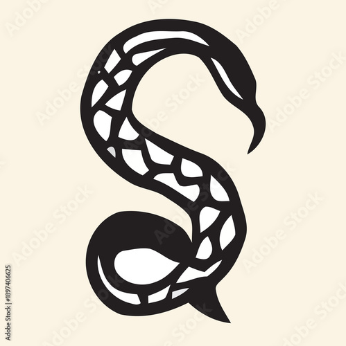 Coiled Snake Monogram – Black Stylized Vector in “S” Shape with Scaled Body and Fierce Head