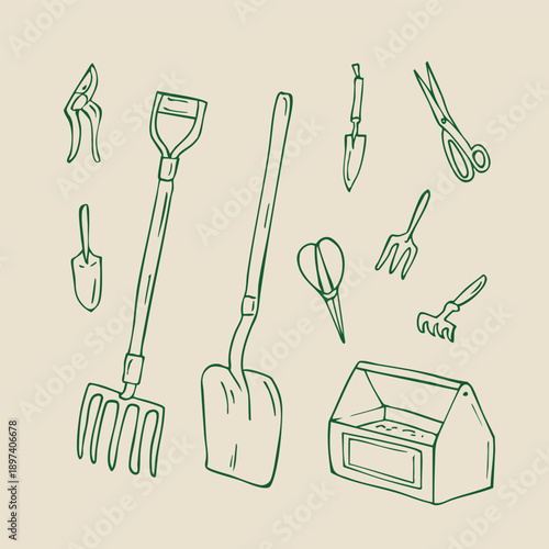 Set of hand drawn doodles garnening tool 