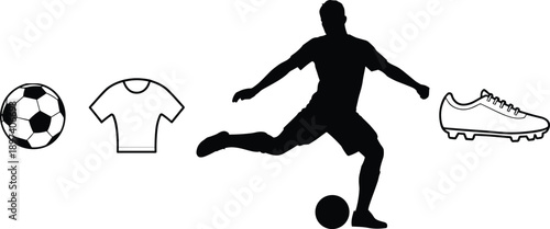 Silhouette of soccer player kicking ball with surrounding icons of cleat, shirt, and ball, representing essential gear and dynamic action in football sport.