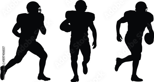 Silhouettes of American football players in dynamic action poses, showcasing athletic movement, teamwork, and energy in competitive sports with bold visual impact.
