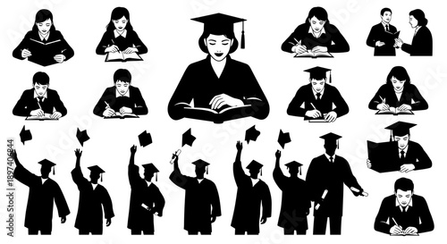 A versatile set of academic journey icons, featuring students diligently studying, reading, and writing, alongside groups joyfully celebrating graduation and academic success