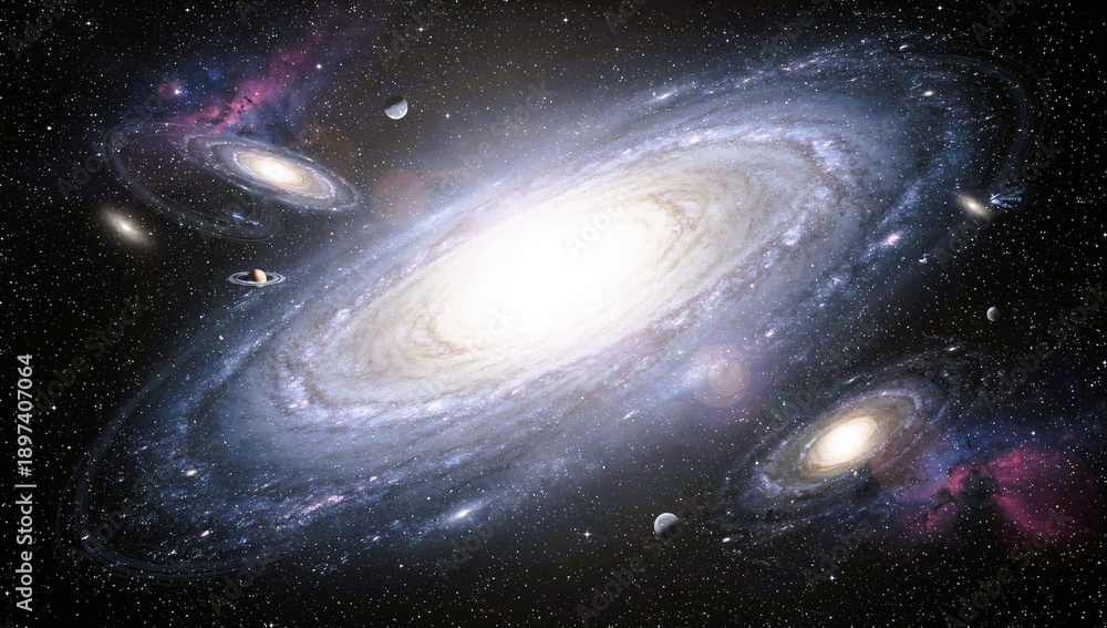 Obraz premium Grand Spiral Galaxy System with Orbiting Planets and Star Rings in a Stunning Cosmic Universe