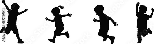 Silhouettes of energetic children running and jumping, expressing playful movement, childhood joy, and dynamic action in black design on white background for creative use.