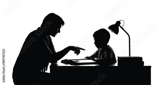 Silhouette of an adult fiercely pointing at an open book while teaching a young child homework